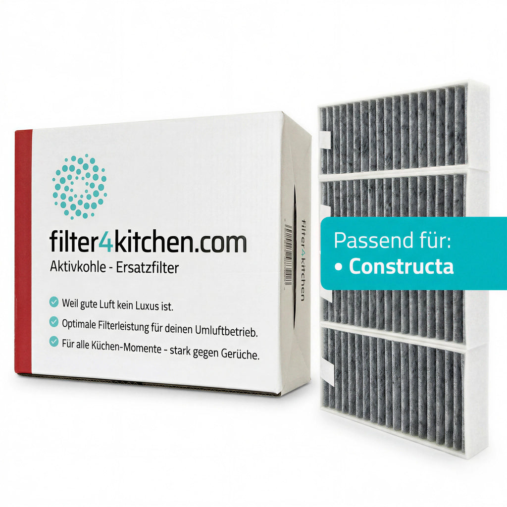 Filter4Kitchen Aktivkohle-Ersatzfilter Verpackung mit Kompatibilitätshinweis passend für Constructa Kochfeldabzug