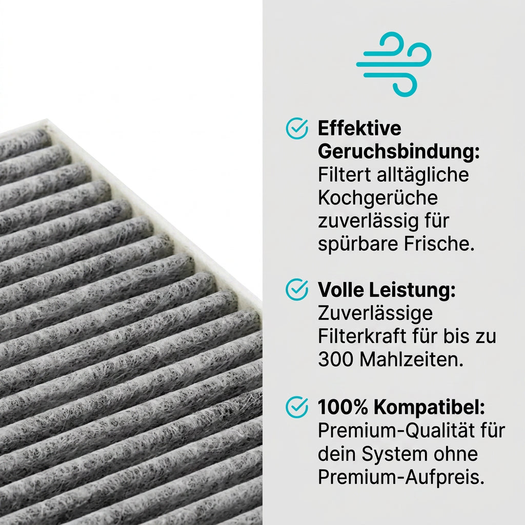 Filter4Kitchen Aktivkohlefilter Nahaufnahme mit Vorteilen: effektive Geruchsbindung, Filterkraft für bis zu 300 Mahlzeiten, 100% kompatibel